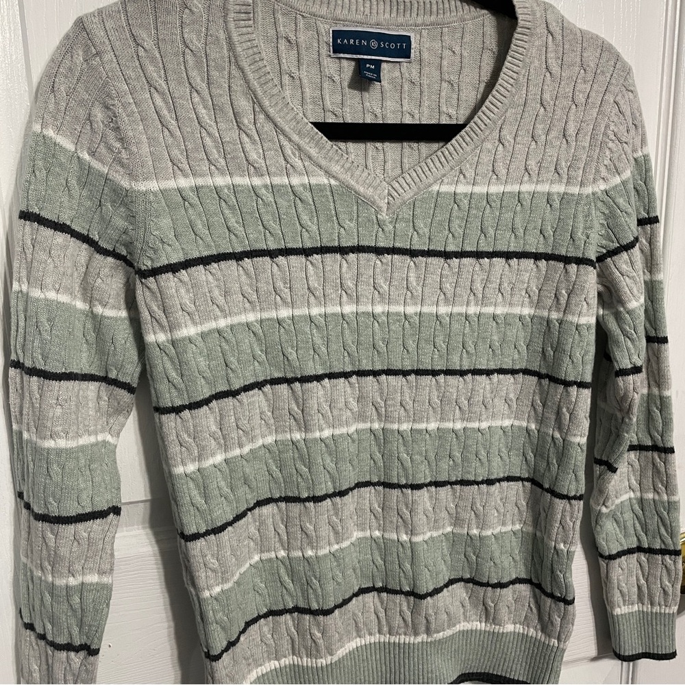 Karen Scott Women's Grey and Green Striped Long Sleeve V Neck Sweater Size Med P - Picture 3 of 7